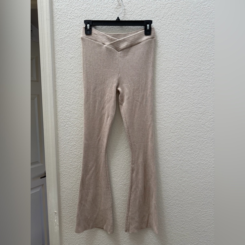Pink Rose Beige Ribbed Flare Stretch Pants